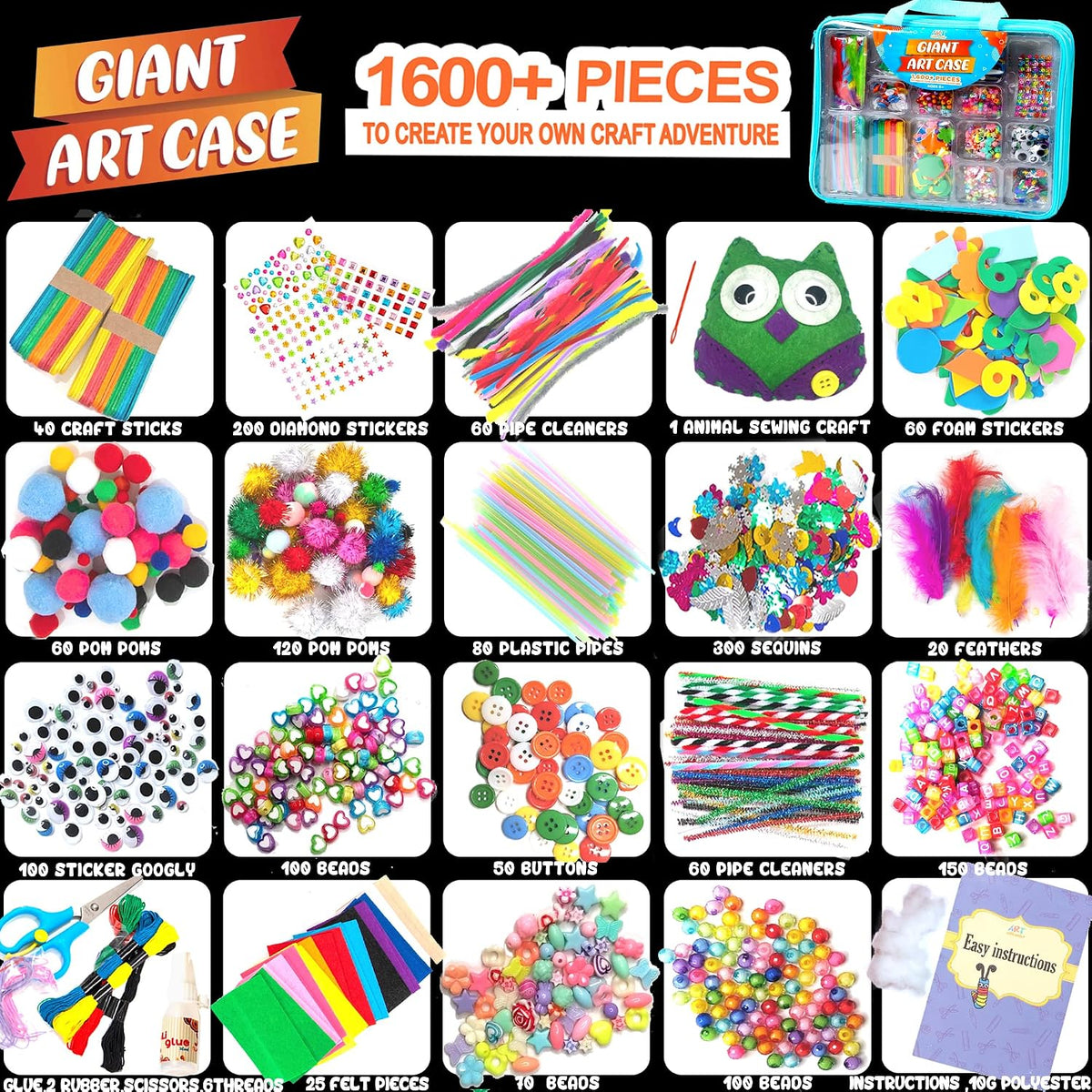 Suministros de artes y manualidades para niños, más de 1600 piezas de kits de manualidades para niños, proyecto de manualidades escolares de bricolaje para niños de 4, 5, 6, 7, 8 a 12 años, regalos de Navidad para niñas y niños, manualidades para niñas de