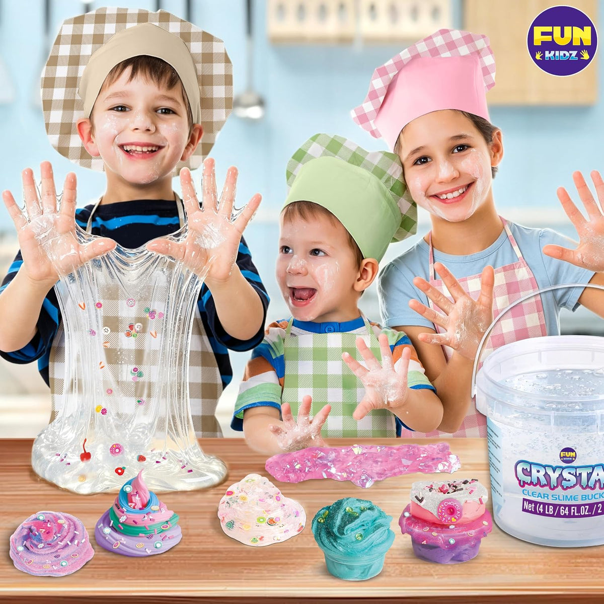FunKidz - Juguete enorme de 4 libras para niños, cubo de slime transparente y cristalino de 64 onzas líquidas, regalo con 29 juegos de complementos, kit de slime jumbo para niñas y niños regalo de