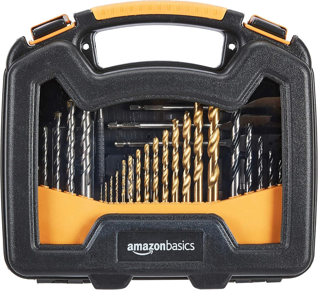 Amazon Basics Drill & Driver - Juego de brocas de acero aleado para metal, madera, plástico, mampostería, con estuche de almacenamiento, 100 piezas