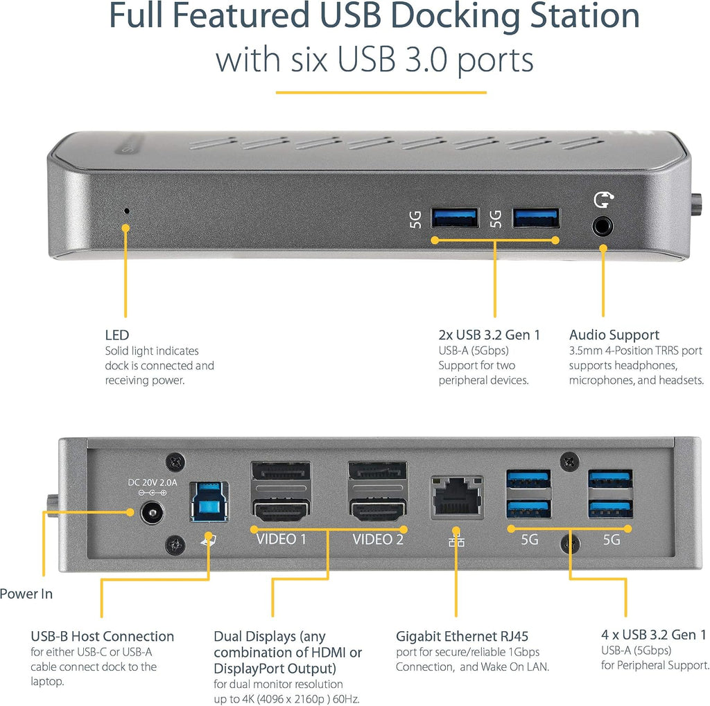 StarTech Hybrid USB-A y USB-C Dual 4K Dock, DP, HDMI, 6 puertos USB 5Gbps