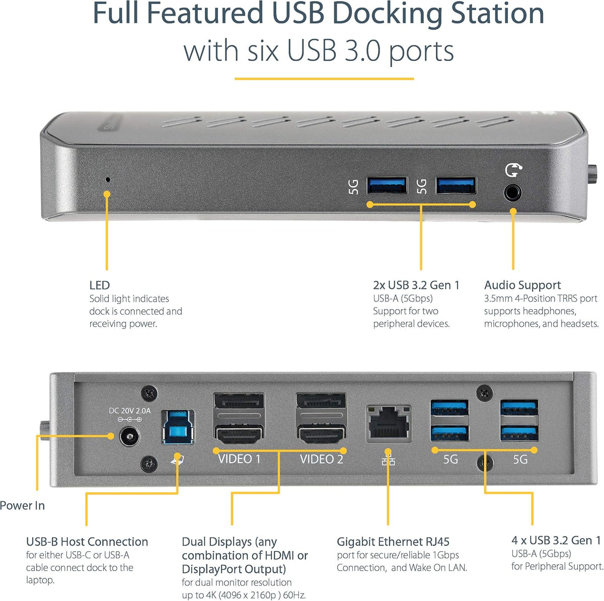 StarTech Hybrid USB-A y USB-C Dual 4K Dock, DP, HDMI, 6 puertos USB 5Gbps