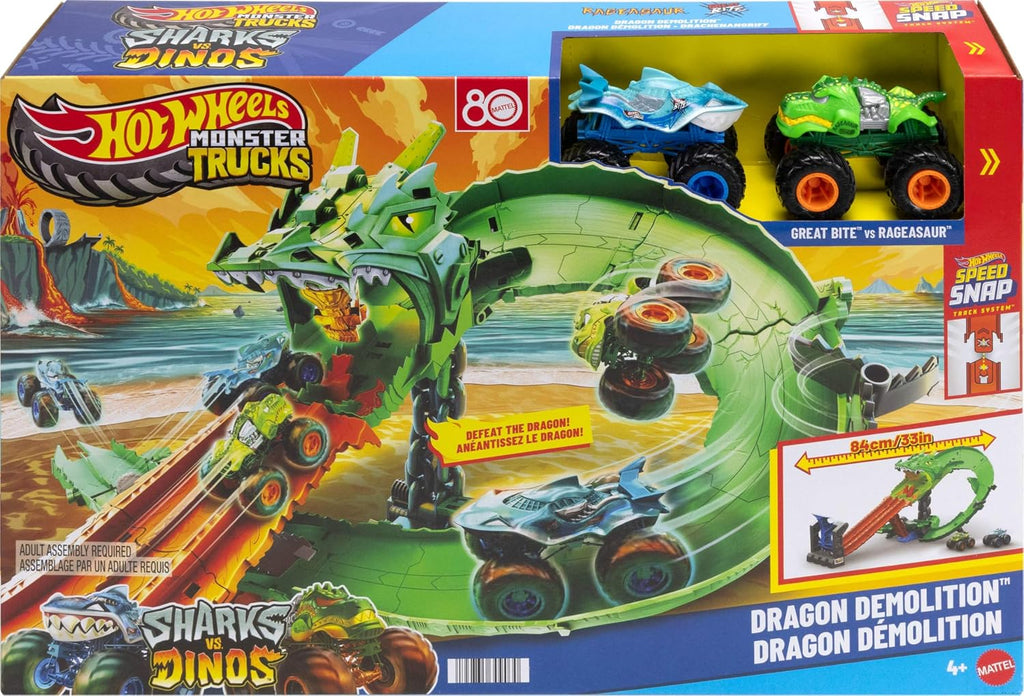 ​Hot Wheels Monster Trucks Sharks vs. Dinos Dragon Destruction Playset