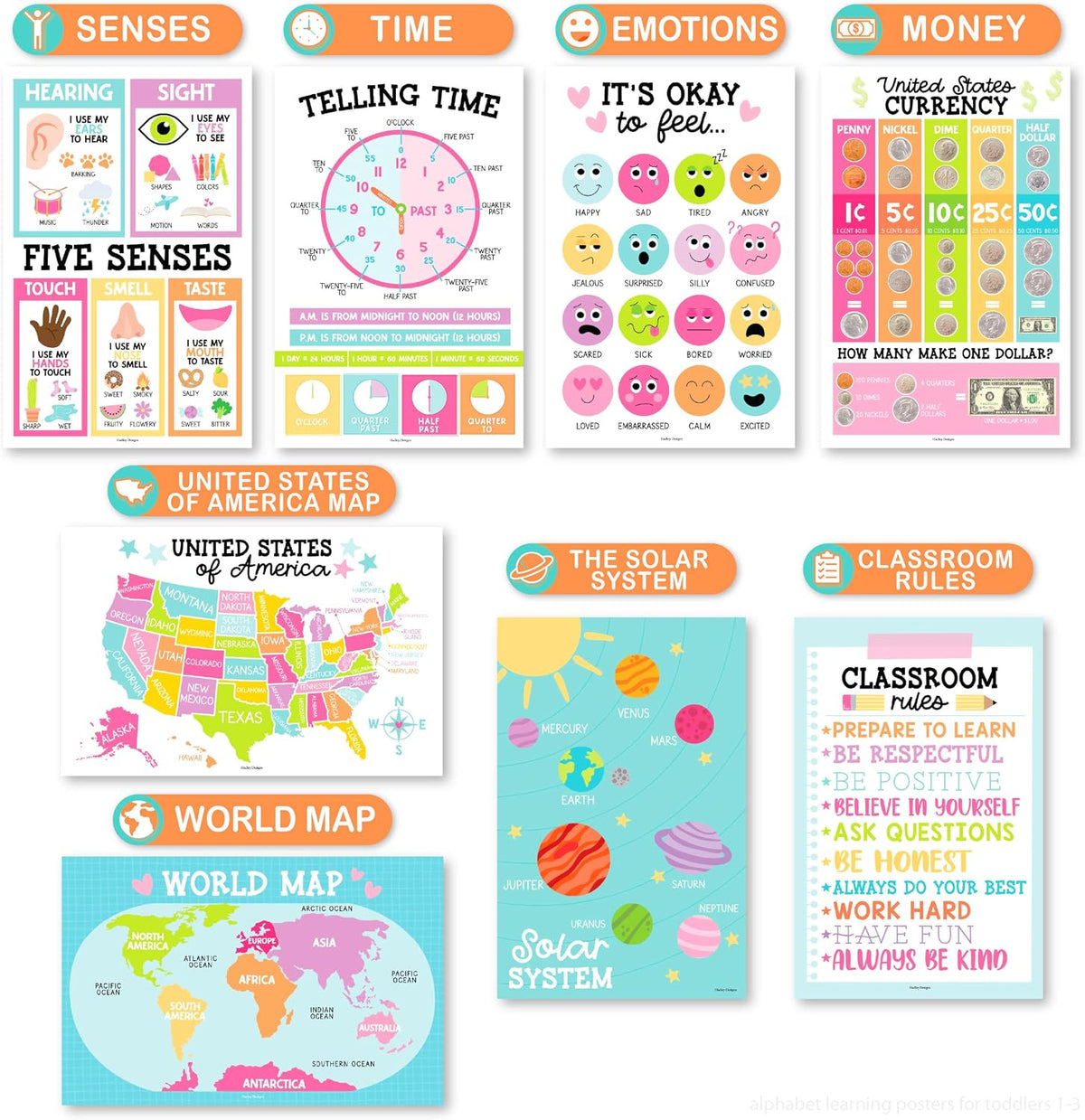 Hadley Designs Learning Posters para Toddlers 1-3 Preschool Classroom Decor