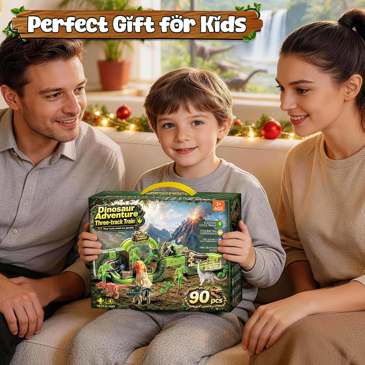 Juego de tren eléctrico de dinosaurio para niños, 90 piezas de