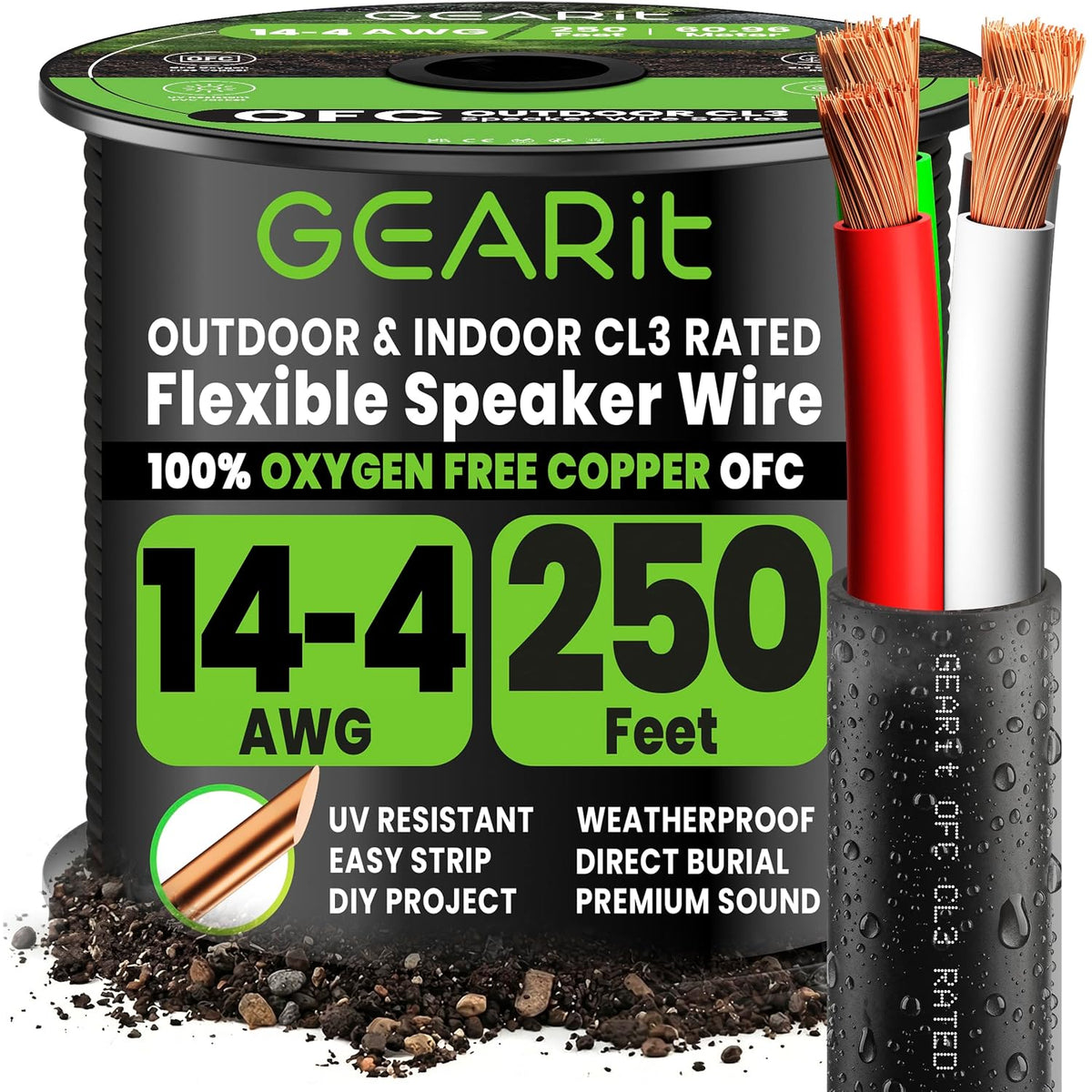 GEARit 14/4 Cable de altavoz de entierro directo de 250 pies para