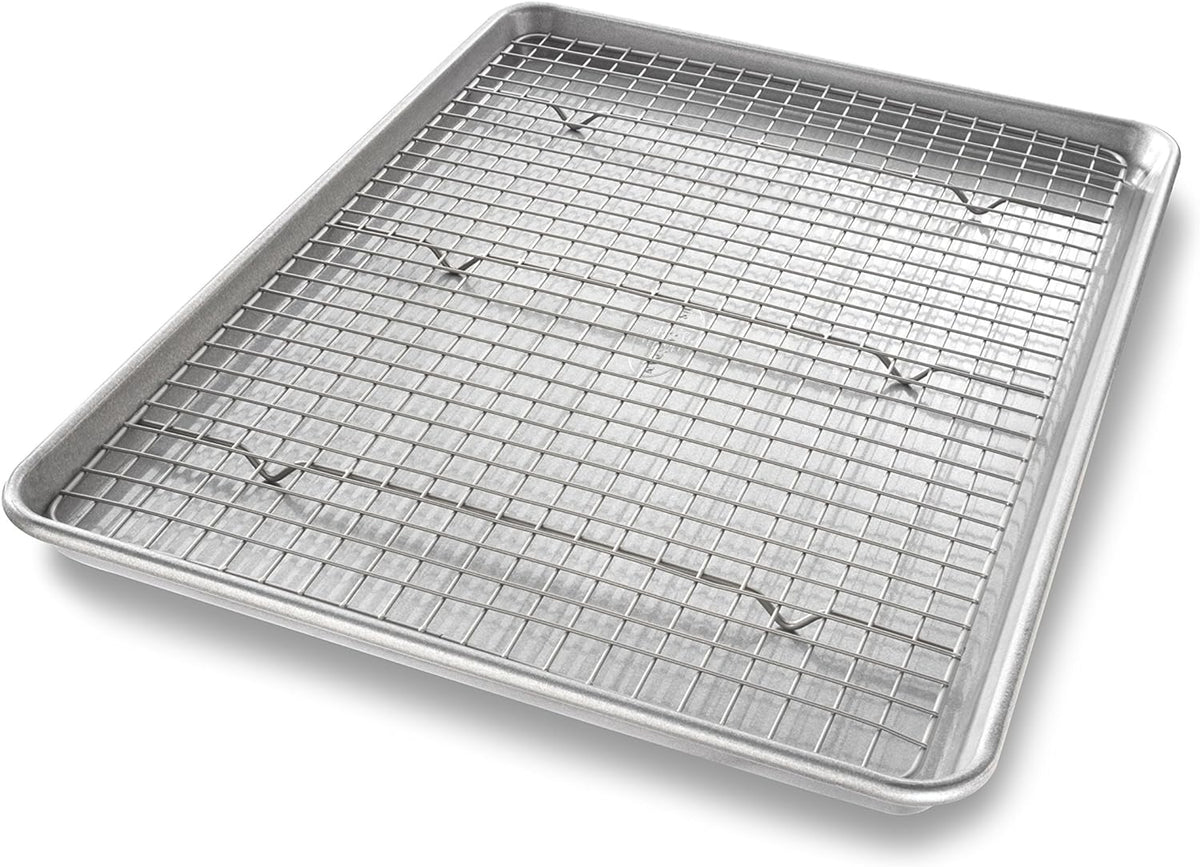 Utensilio para horno lámina cuadrante USA Pan, lámina para hornear y juego de rejilla para enfriamiento antiadherente, metálico , juego rejilla/media bandeja, Metal