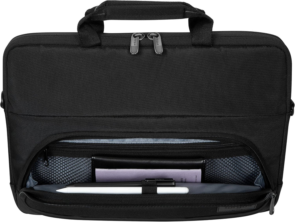 Targus Bolsa para laptop de 12-14 pulgadas para negocios y viajes, color negro, bolsa de mensajero para computadora para hombres y mujeres, material duradero resistente al agua, se adapta a laptops y Chromebooks de 12-14 pulgadas (TBS579GL)