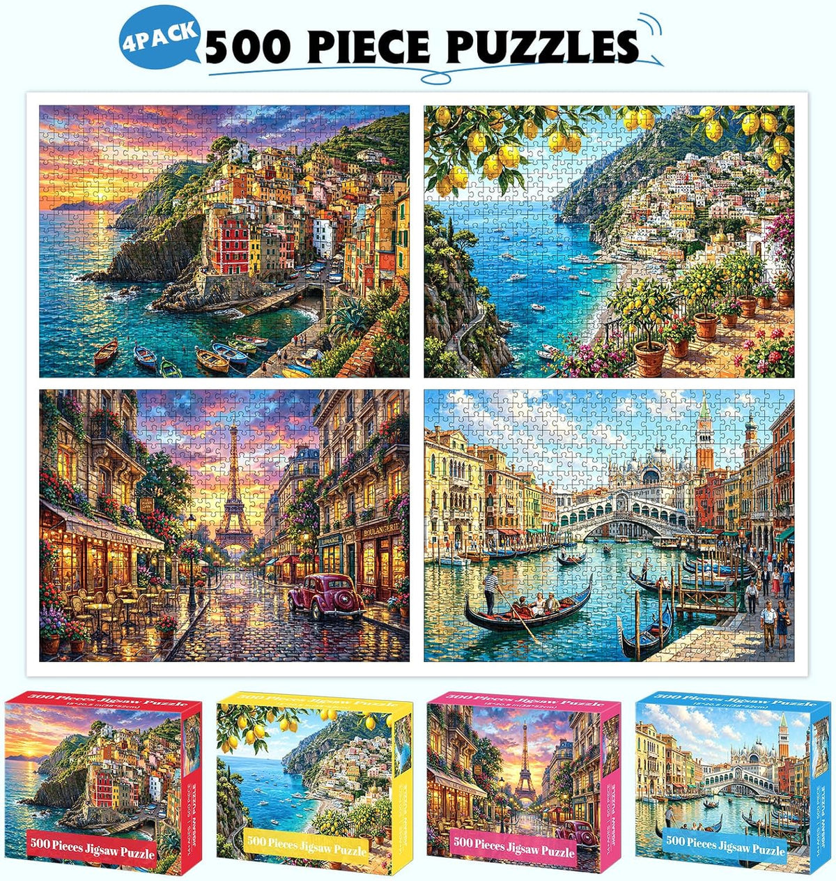 Paquete de 4 rompecabezas de 500 piezas para adultos, rompecabezas de 500 piezas de Italia Cinque Terre Amalfi Coast para adultos, 500 piezas, Torre Eiffel de París, puente de Venecia, Rialto