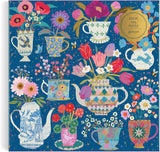 Galison Tazas de té en maceta, rompecabezas de 500 piezas de papel de aluminio con hermosas ilustraciones de tazas de té en maceta con fondo floral