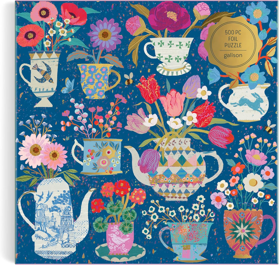 Galison Tazas de té en maceta, rompecabezas de 500 piezas de papel de aluminio con hermosas ilustraciones de tazas de té en maceta con fondo floral
