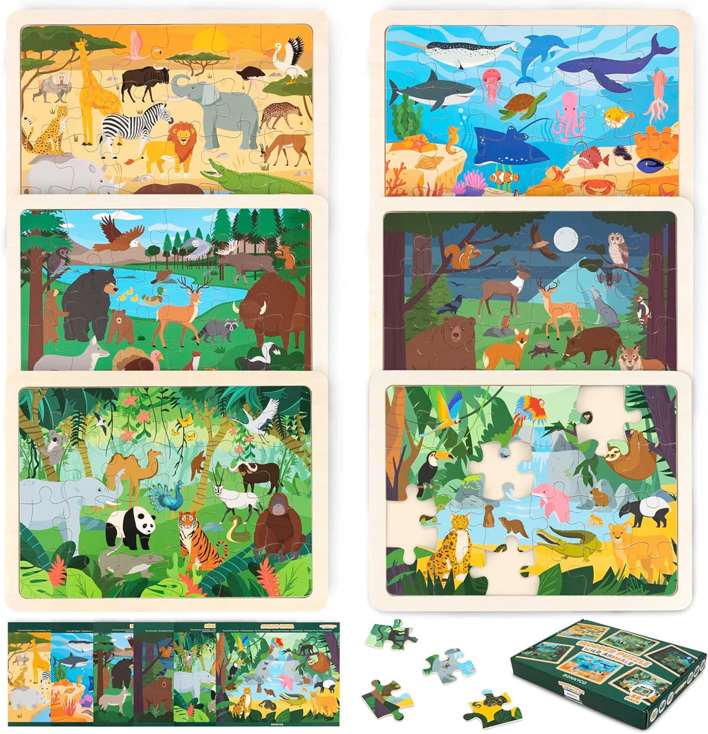 BONNYCO Rompecabezas de madera para niños de 4 a 6 años y 3 a 5 años. Juego de 6 rompecabezas de 24 piezas con tablero, animales de diversos ecosistemas. Juguetes educativos, regalos de aprendizaje