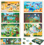BONNYCO Rompecabezas de madera para niños de 4 a 6 años y 3 a 5 años. Juego de 6 rompecabezas de 24 piezas con tablero, animales de diversos ecosistemas. Juguetes educativos, regalos de aprendizaje