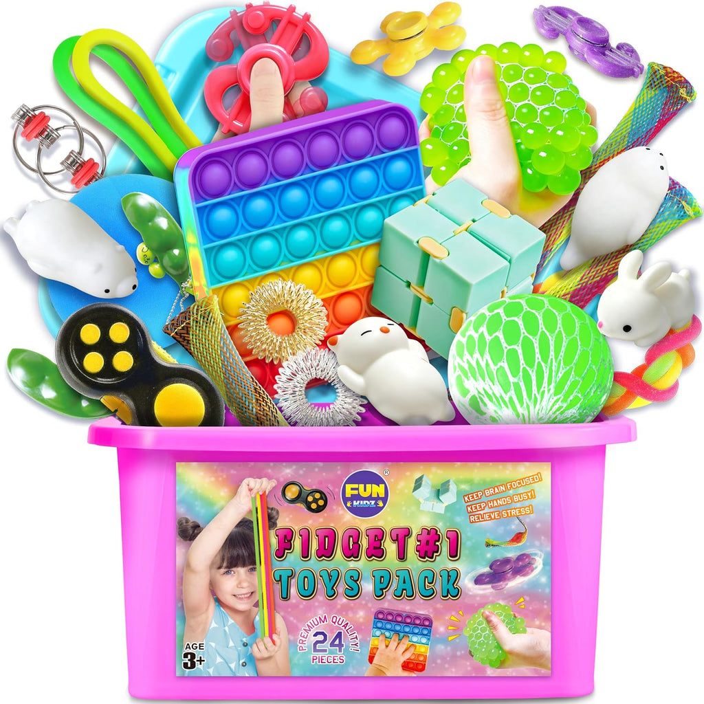 Caja de juguetes para niñas y niños, FunKidz paquete misterioso de juguetes sensoriales para la ansiedad para niños, regalos para fiestas, premios para el aula, viajes, camping con estuche portátil
