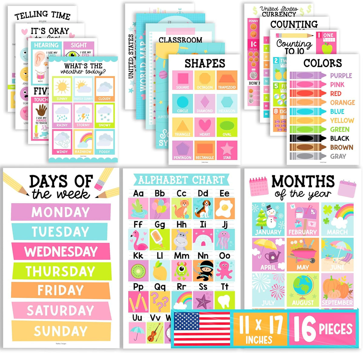Hadley Designs Learning Posters para Toddlers 1-3 Preschool Classroom Decor
