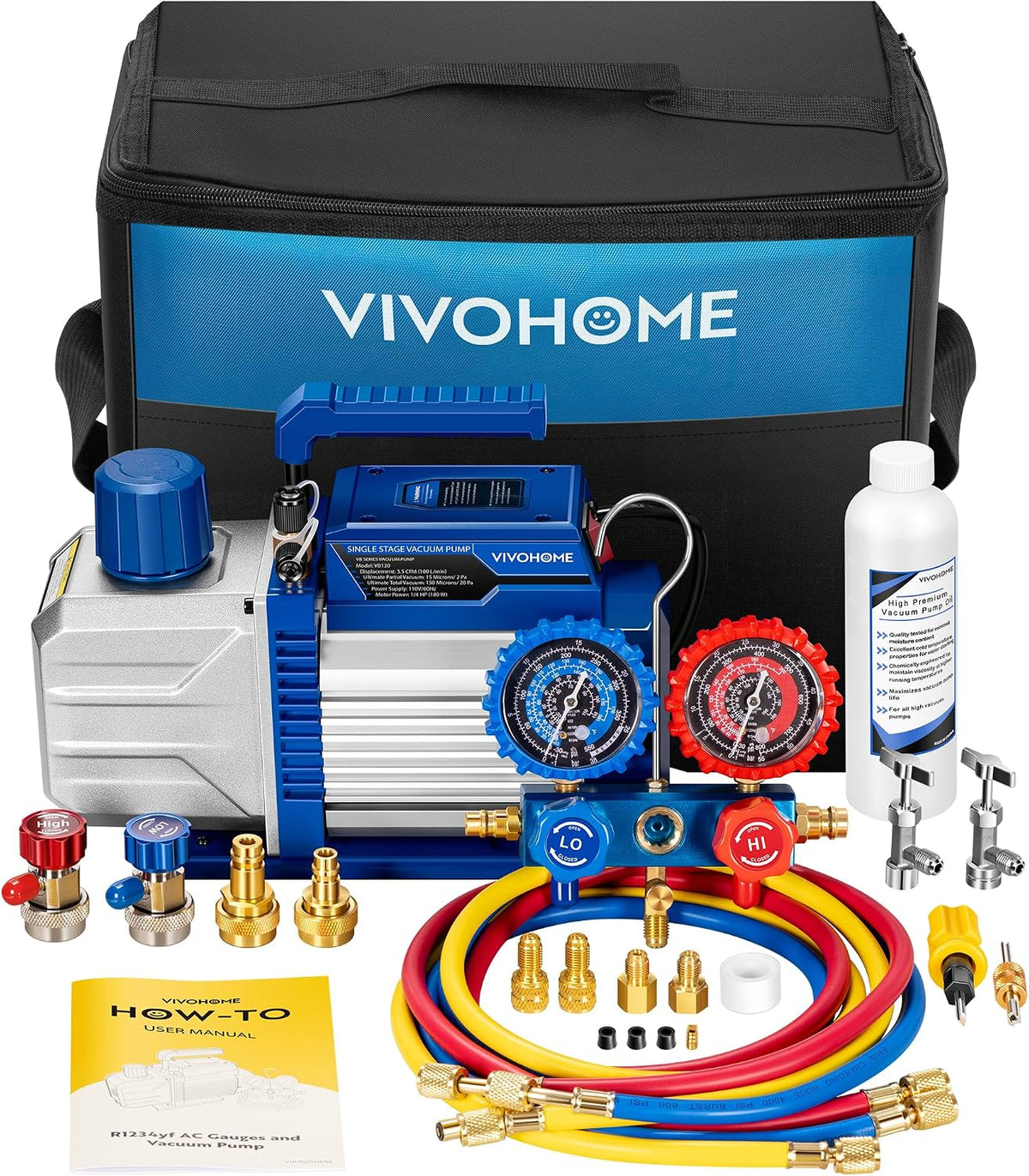 VIVOHOME 110 V 1/4 HP 3.5 CFM - Juego de bomba aspiradora HVAC de una sola etapa y manómetro AC, motor sin chispas para sistemas R32 R1234yf R454B R134a R22 R410a, mantenimiento de aire acondicionado