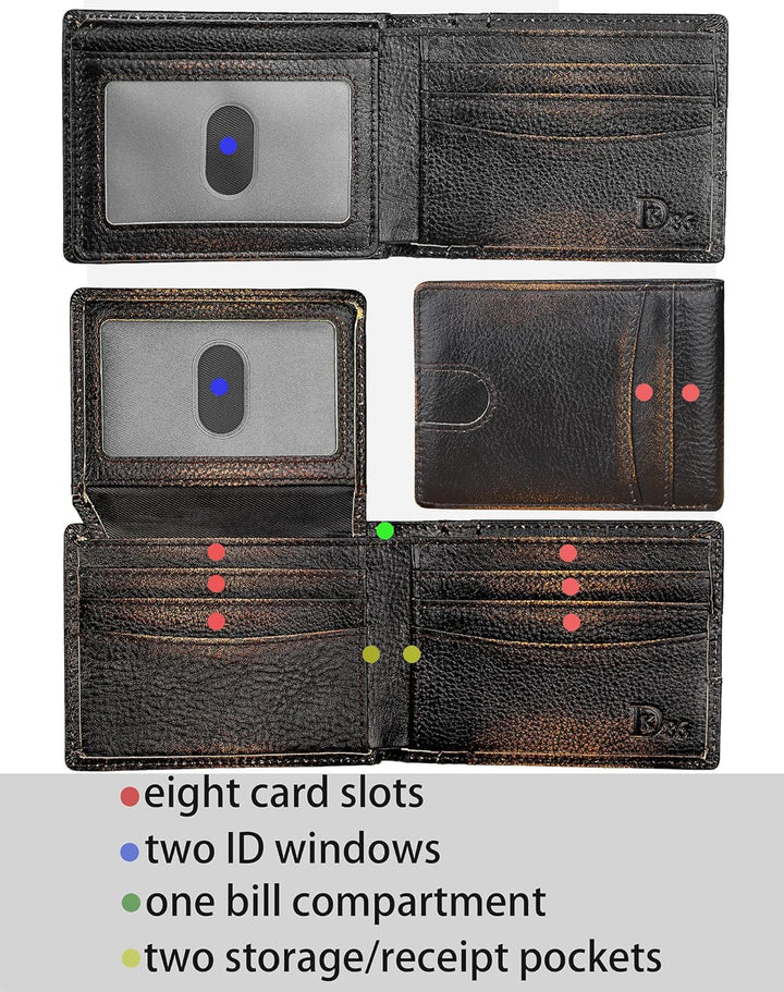 DK86 Billetera para hombre Slim Rfid Bifold Cuero Genuino 2 ID Vent...