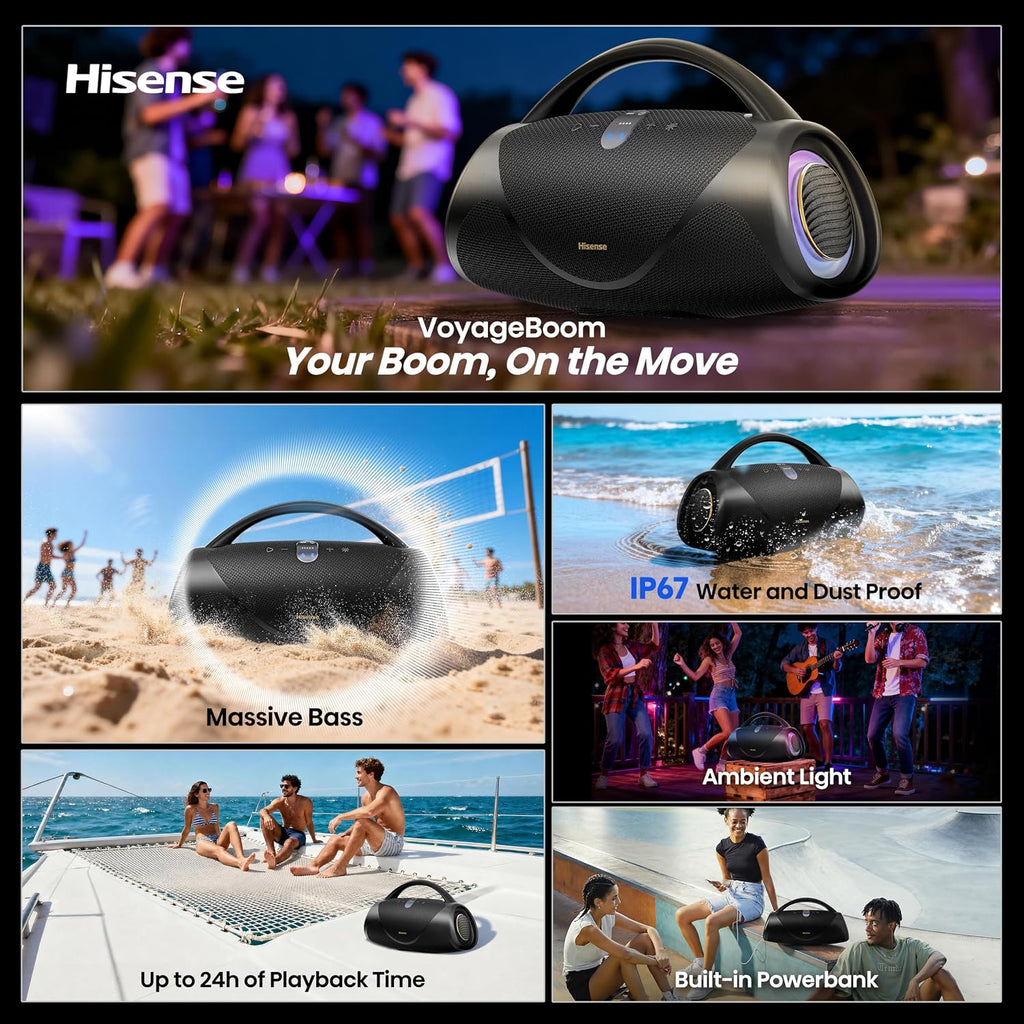 Hisense VoyageBoom - Altavoz Bluetooth portátil, resistente al agua IP67, a prueba de polvo y golpes, hasta 24 horas de tiempo de reproducción, graves masivos, luz ambiental, banco de potencia