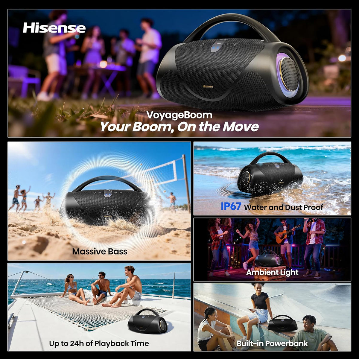 Hisense VoyageBoom - Altavoz Bluetooth portátil, resistente al agua IP67, a prueba de polvo y golpes, hasta 24 horas de tiempo de reproducción, graves masivos, luz ambiental, banco de potencia