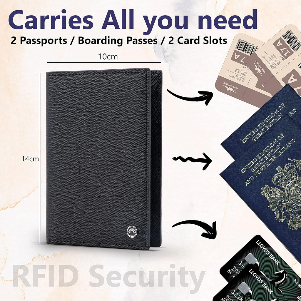 2 Portapasaportes - Esenciales de viaje, billetera con bloqueo RFID, organizador de tarjetas de crédito, accesorio de cobertura delgada para hombres y mujeres, Negro, Talla única