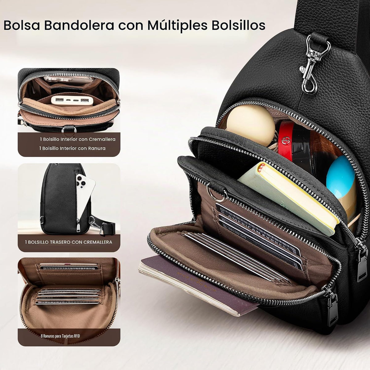 befen Bolsos cruzados pequeños antirrobo de cuero genuino negro para las