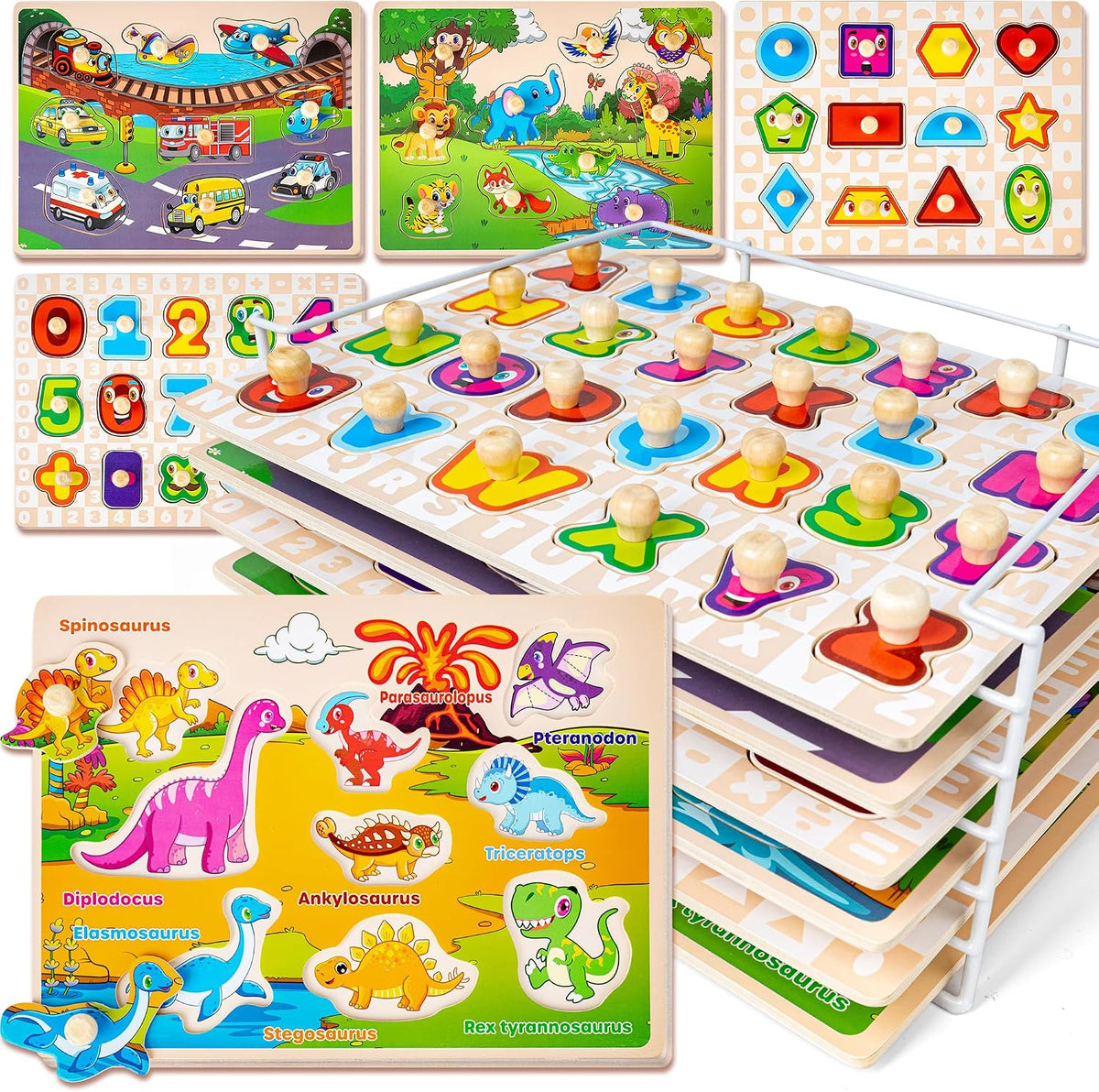 SYNARRY Rompecabezas de madera para niños pequeños de 1 a 3 años, 6 rompecabezas para niños pequeños de 2 a 4 años con estante, vehículo de dinosaurio animal para niños, juguetes educativos para niños