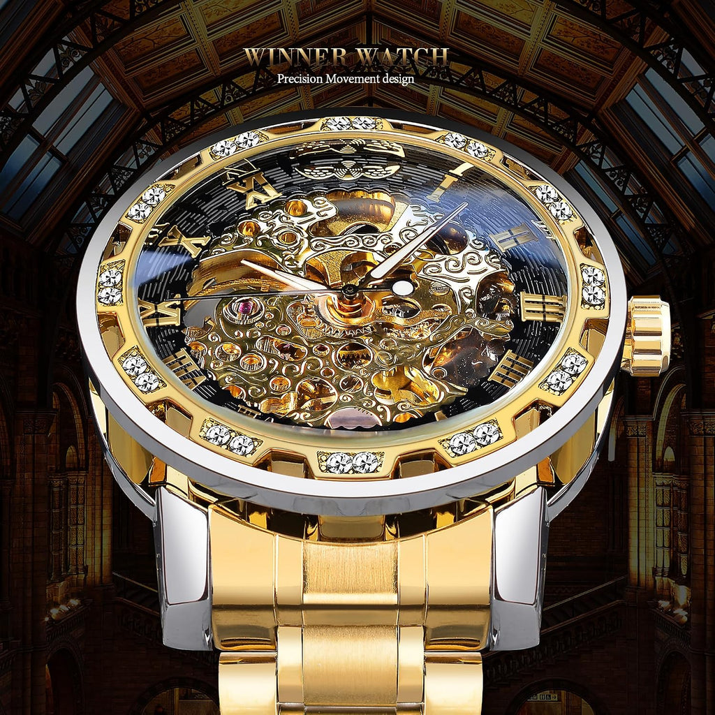 Winner Reloj de esqueleto mecánico manual retro con diamante y tallado de flores artesanales para hombre, reloj de pulsera mecánico clásico con número romano