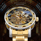 Winner Reloj de esqueleto mecánico manual retro con diamante y tallado de flores artesanales para hombre, reloj de pulsera mecánico clásico con número romano