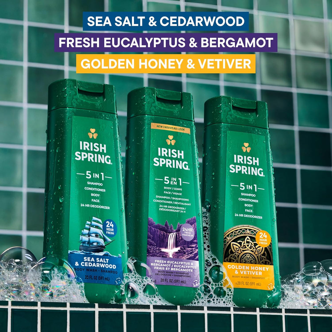 Irish Spring Gel de baño hidratante 5 en 1 para hombres, champú, ac...