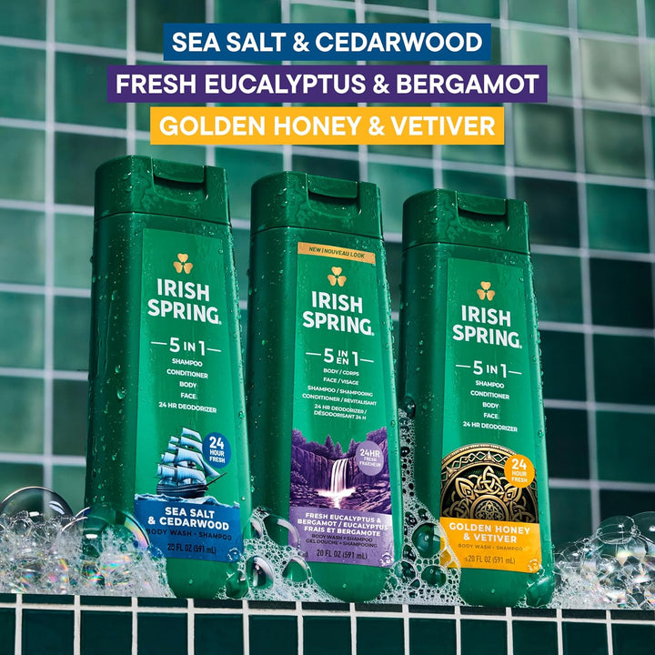 Irish Spring Gel de baño hidratante 5 en 1 para hombres, champú, ac...