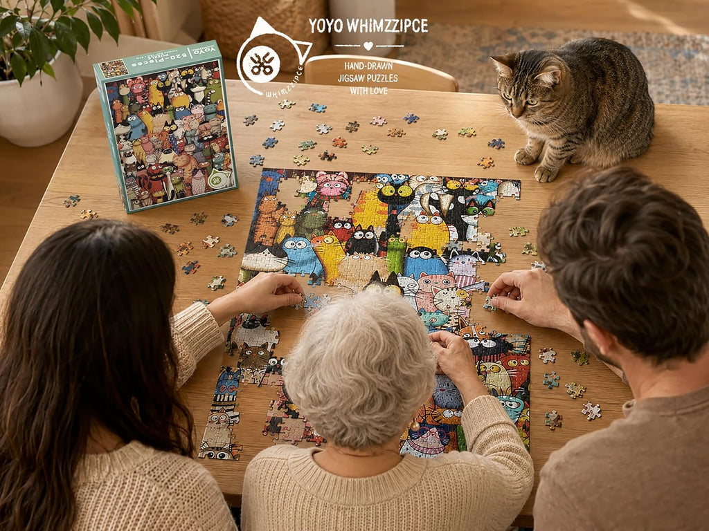 Rompecabezas de gato caprichoso para adultos, 520 piezas, arte dibujado a