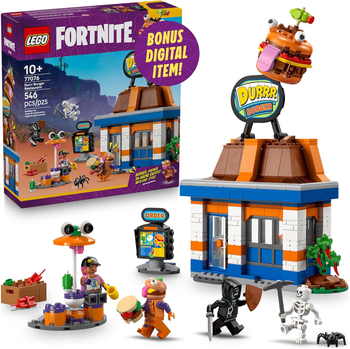 LEGO Fortnite Durrr Burger Restaurant - Juego de construcción de videojuegos para niños y niñas, a partir de 10 años - Fortnite Minifigures Beach Boss, Grimy y más - Idea de regalo para cumpleaños y fanáticos de los juegos - 77076