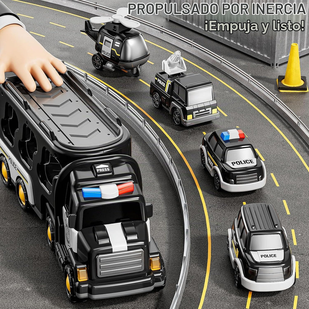 Camión de Policía de Juguete para Niños de 3 4 5 6 Años - Juego de Vehículo Portador con 3 Autos Pequeños y 1 Helicóptero, Auto de Fricción para Niños de 3-9 Años, Regalos para Niños y Niñas