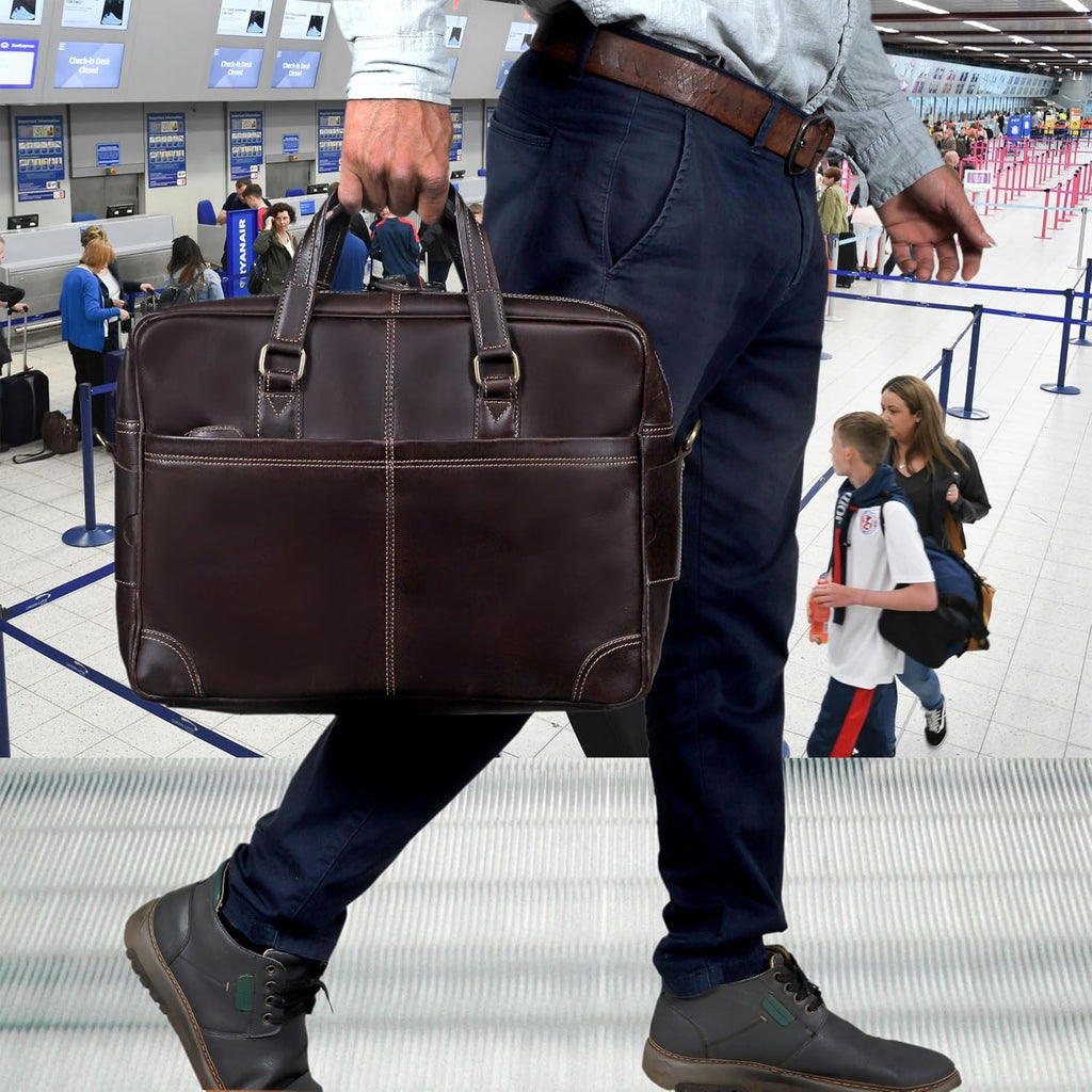 Maletín de cuero prémium para hombres y mujeres, bolsa para laptop de 16 pulgadas, color marrón, ideal para el trabajo, viajes y uso diario
