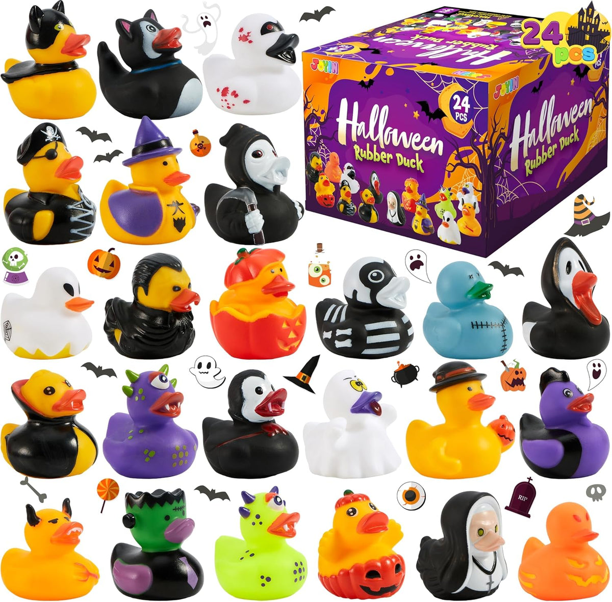 JOYIN 24 piezas de juguetes de baño de patos de Halloween, patos de goma de Halloween a granel para recuerdos de fiesta, mini patitos para bañera de bebé, juguetes para dulce o truco, rellenos de