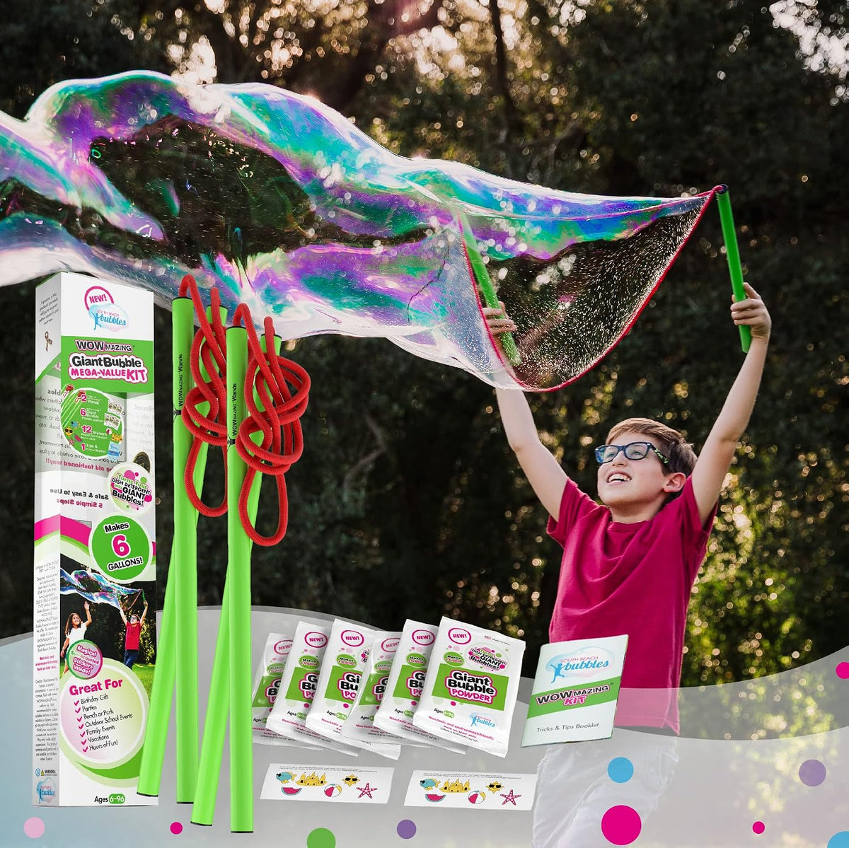Kit de burbujas grandes de gran valor: 2 varitas de burbujas grandes, paquete de 6 unidades de polvo de burbujas grandes (hace 6 galones) | Juguete al aire libre para niños, niñas | Polvo