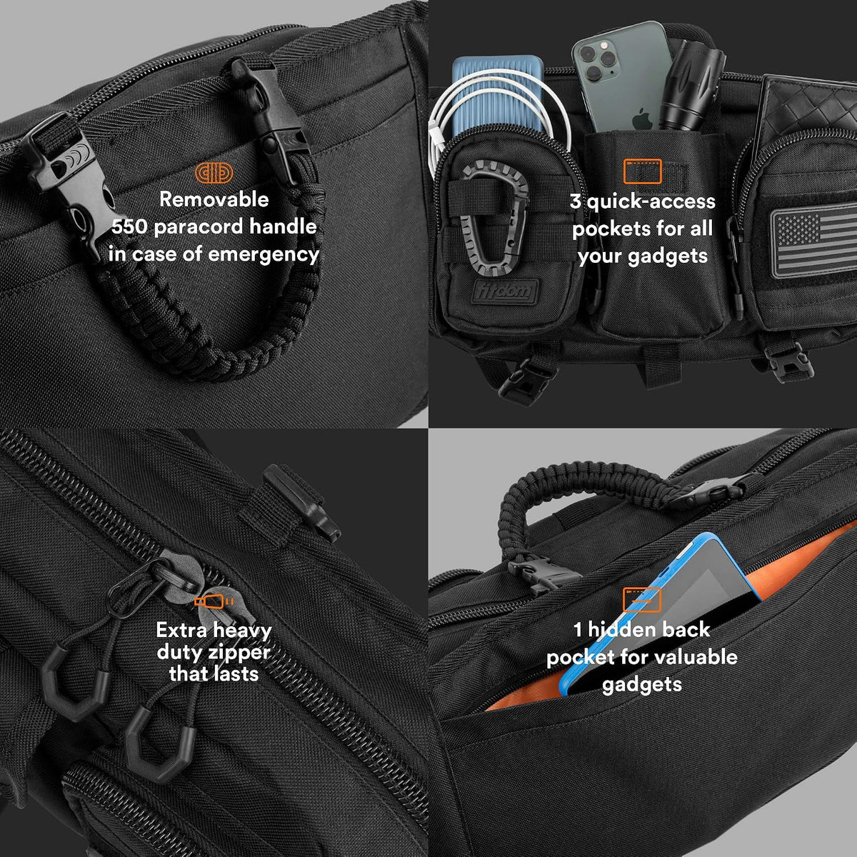 Riñonera grande inspirada en la táctica para hombres. Accesorios Techwear perfectos EDC Bag para hombres. Riñonera multifuncional, Negro -, Large 5 Bolsillos