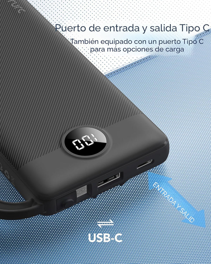 VRURC Cargador portátil con cables integrados, banco de energía del...