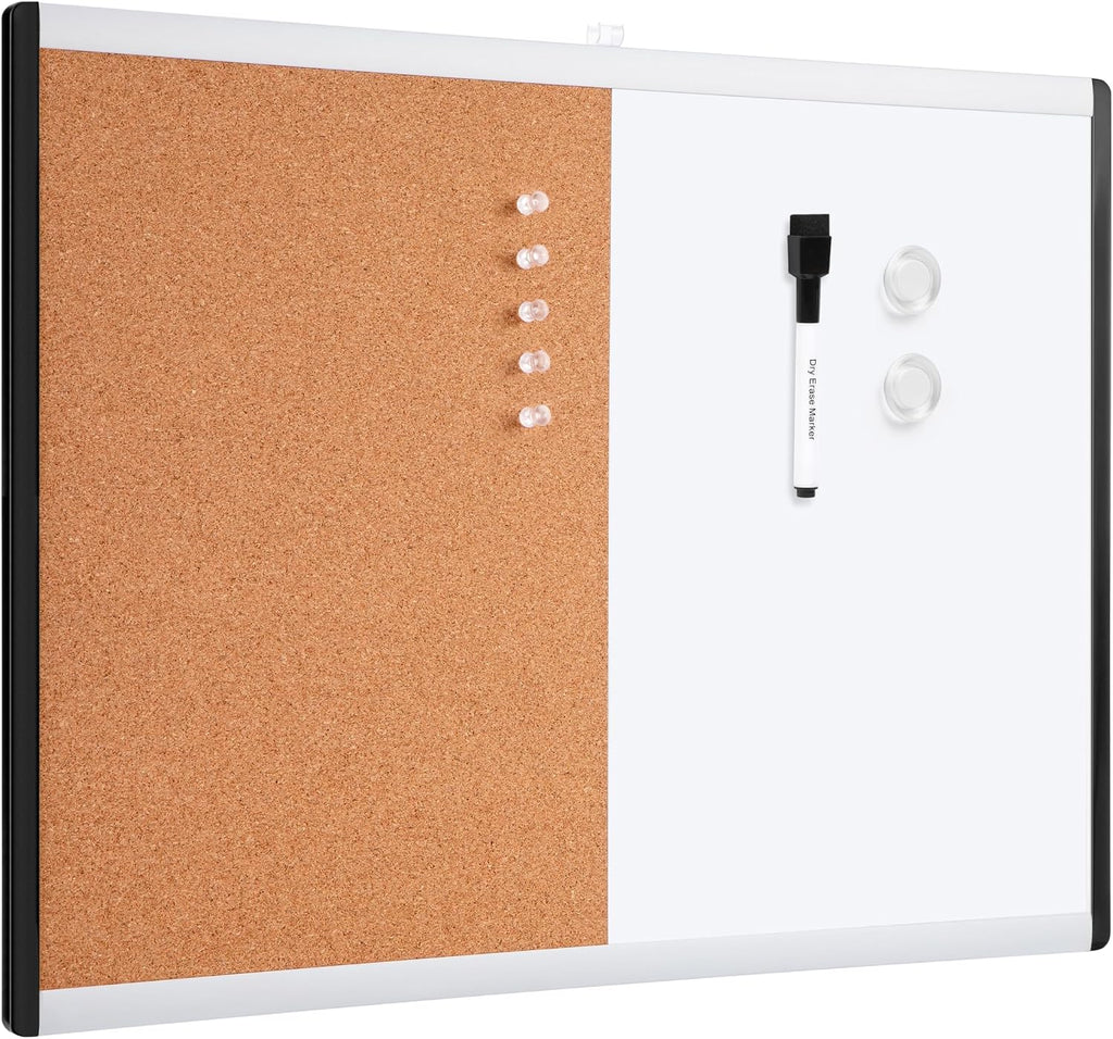 Amazon Basics Combo magnético de borrado en seco y tablero de corcho, de doble cara, ligero, fácil de instalar, marco de plástico/aluminio, 17 x 23 pulgadas