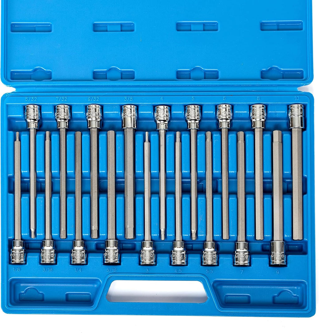 NEIKO 10079A Juego de llaves hexagonales Allen extra largas, juego de 18 piezas de llaves Allen SAE y métricas, accionamiento de 3/8, 1/8" – 3/8 pulg. & 3mm – 10mm, juego de llaves hexagonales Allen
