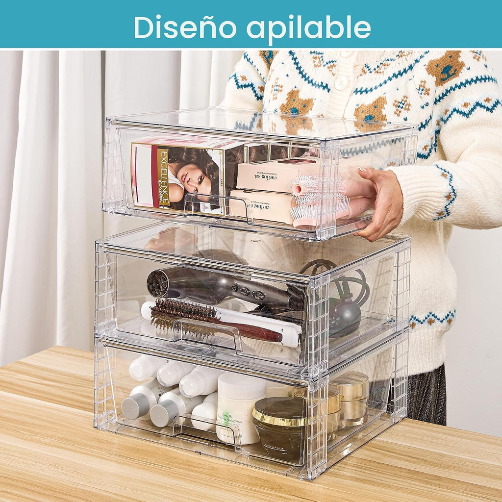 Vtopmart Paquete de 2 Cajones de Almacenamiento Grandes Apilables, Fácil de Ensamblar Organizadores de Acrílico Transparente para Baño Armario Debajo del Fregadero, Contenedores de Almacenamiento de
