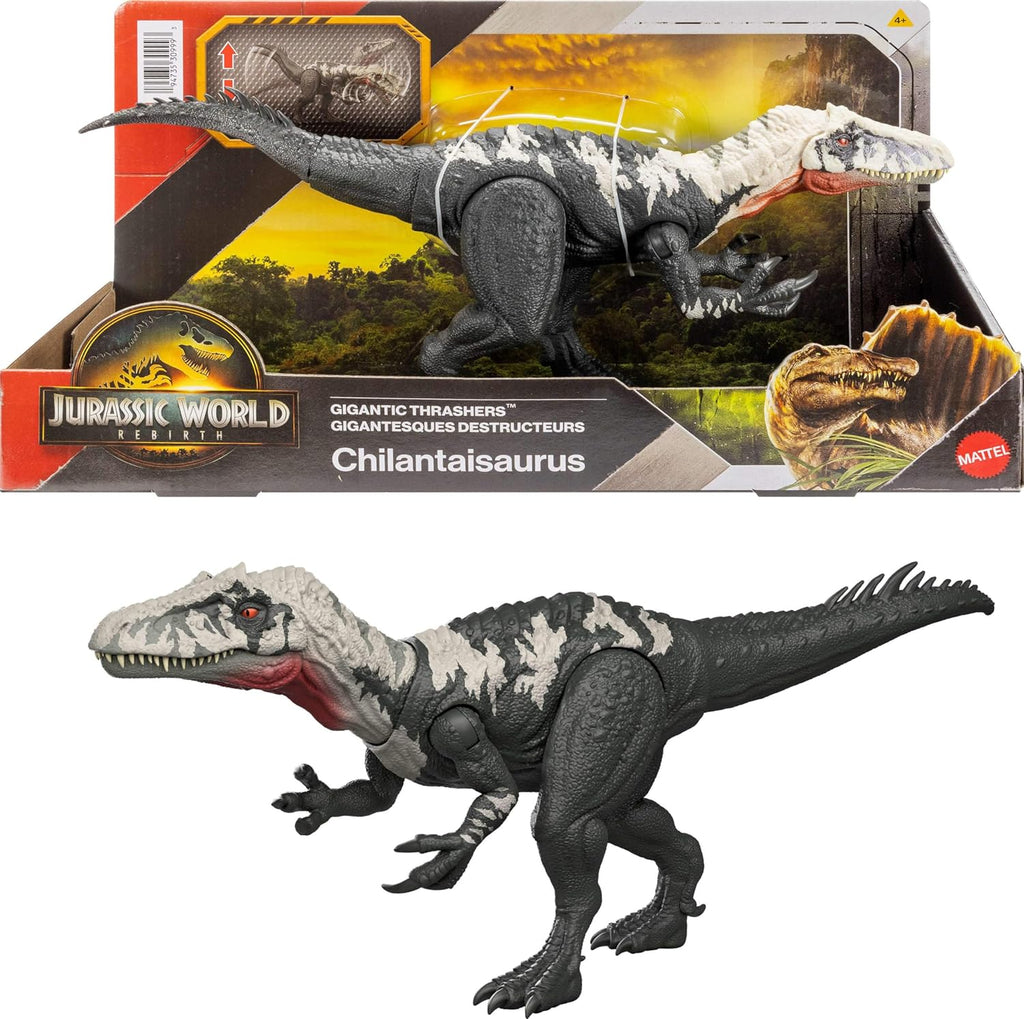 Mattel Jurassic World Rebirth Figura de Dinosaurio Gigantic Thrashers, Juguete de Especie Grande Chilantalsaurus, 2 Ataques Rampage, Juego Digital