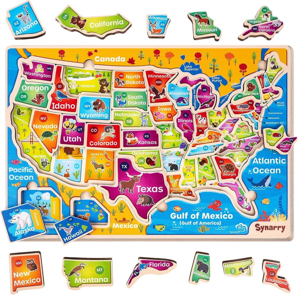 SYNARRY Rompecabezas grandes de madera del mundo de Estados Unidos para niños, Mapa del Mundo