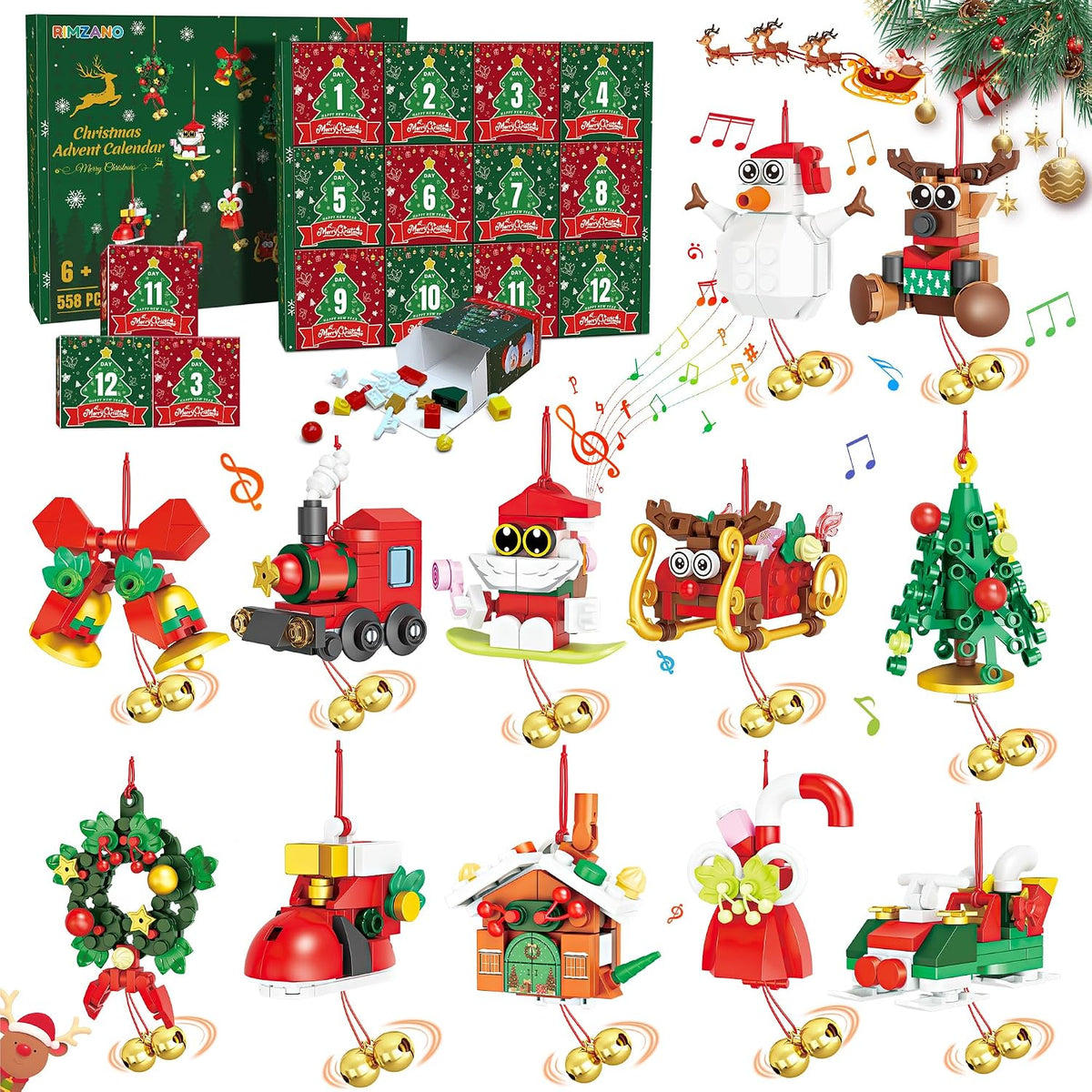 Calendario de Adviento 2026, adornos de Navidad, juego de construcción compatible con Lego, campanas colgantes, corona de Papá Noel, pan de jengibre, reno, 12 modelos