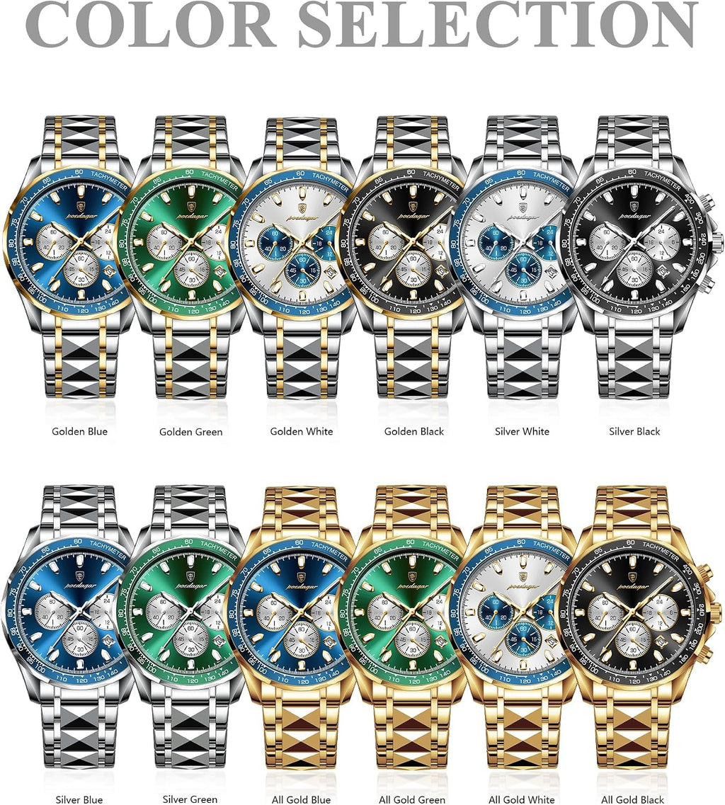 Poedagar Relojes de moda para hombre de lujo, impermeables, luminosos, con fecha y cronógrafo, de acero inoxidable, deportivos, de cuarzo, para hombre