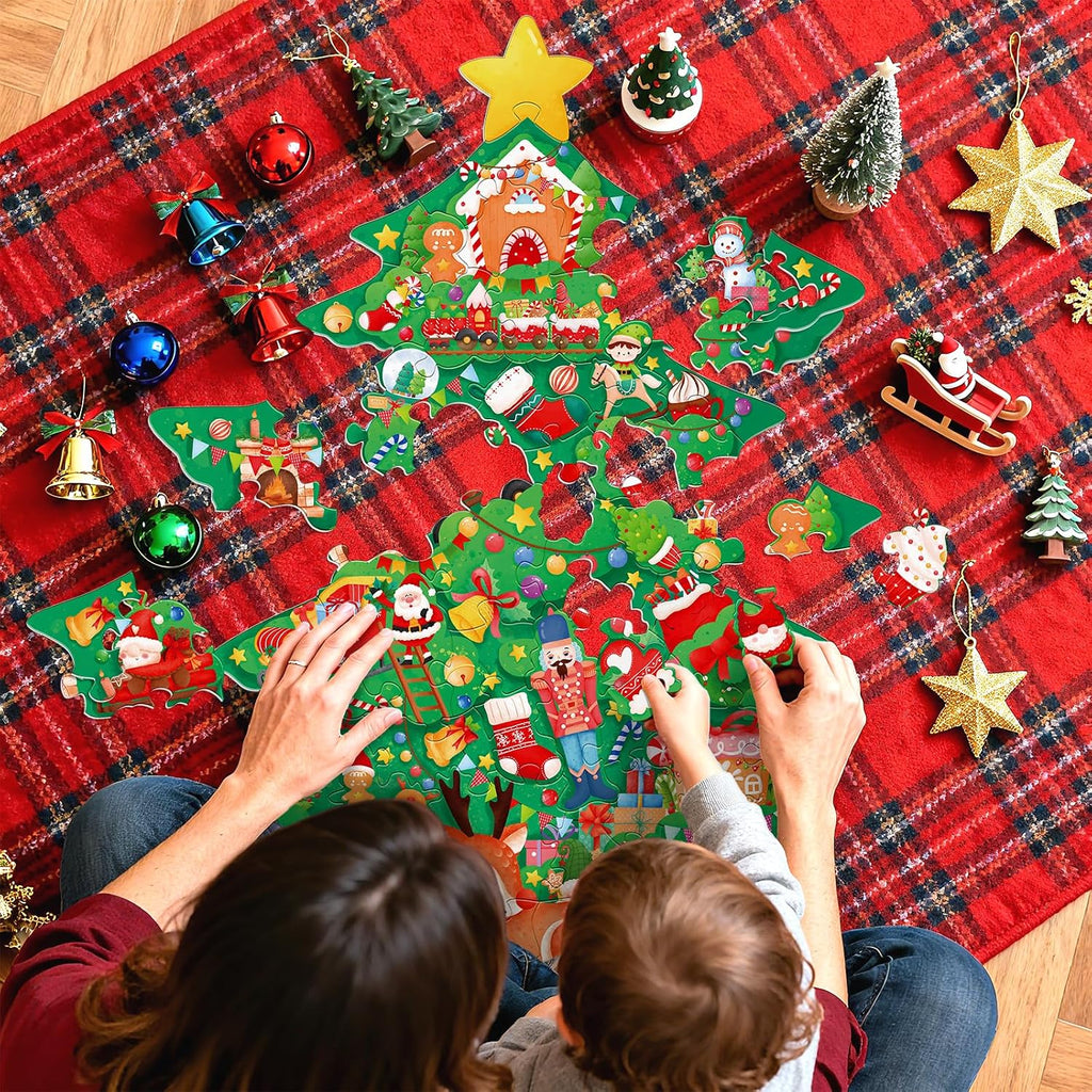 Gatherfun - Rompecabezas de piso de Navidad para niños de 3 a 5 años con 48 piezas grandes, rompecabezas de piso en forma de árbol de Navidad para decoraciones de fiestas, regalos y actividades en el aula