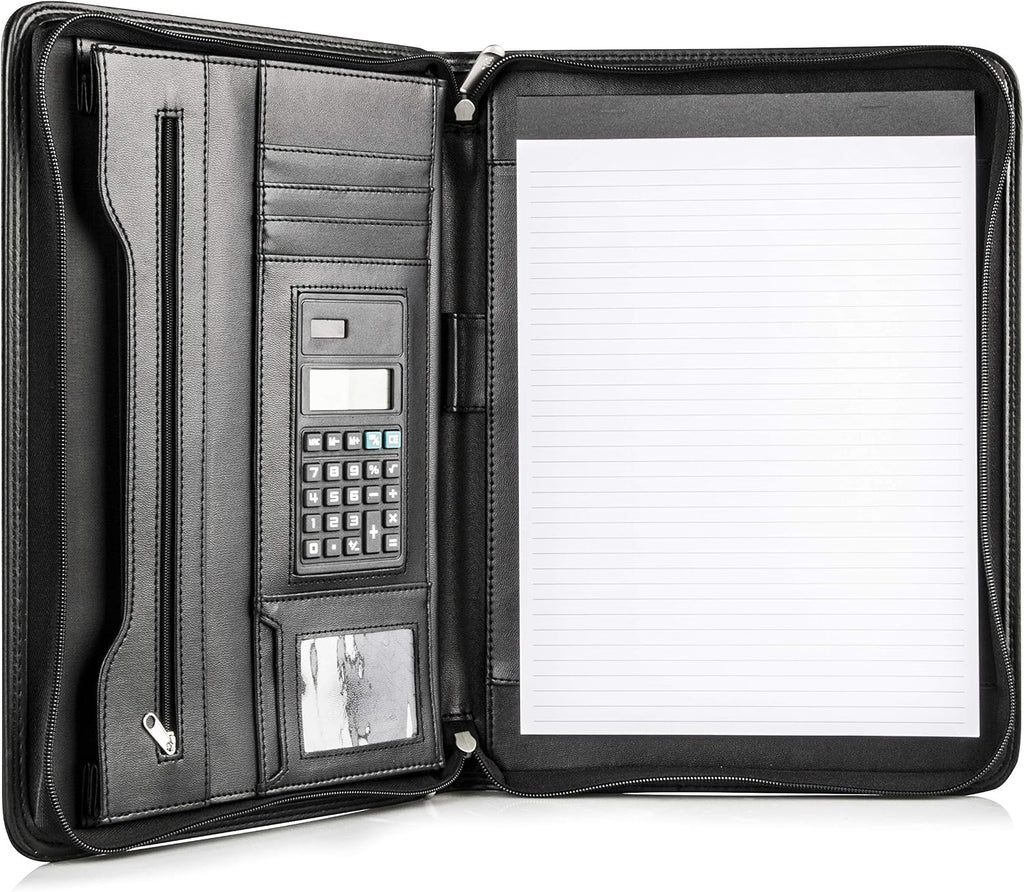 cossini Premium Business portafolios/portadocumentos de piel sintética con cierre y funda interior para tablet de 10.1 pulgadas (Bonos: Libreta de notas, calculadora, bolígrafo y eBook)