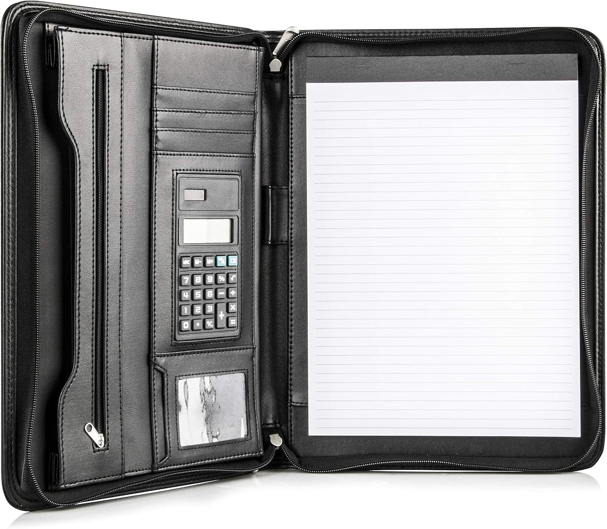 cossini Premium Business portafolios/portadocumentos de piel sintética con cierre y funda interior para tablet de 10.1 pulgadas (Bonos: Libreta de notas, calculadora, bolígrafo y eBook)