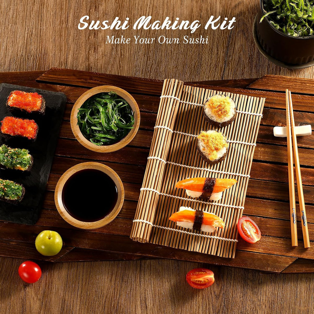 Delamu Kit de fabricación de sushi, kit de rodillo de bazooker 22 en 1 con alfombrillas de bambú, cuchillo de chef, molde de arroz para sushi triángulo/nigiri/gunkan, palillos, platos de salsa, esparcidor de arroz, guía del usuario (idioma español no
