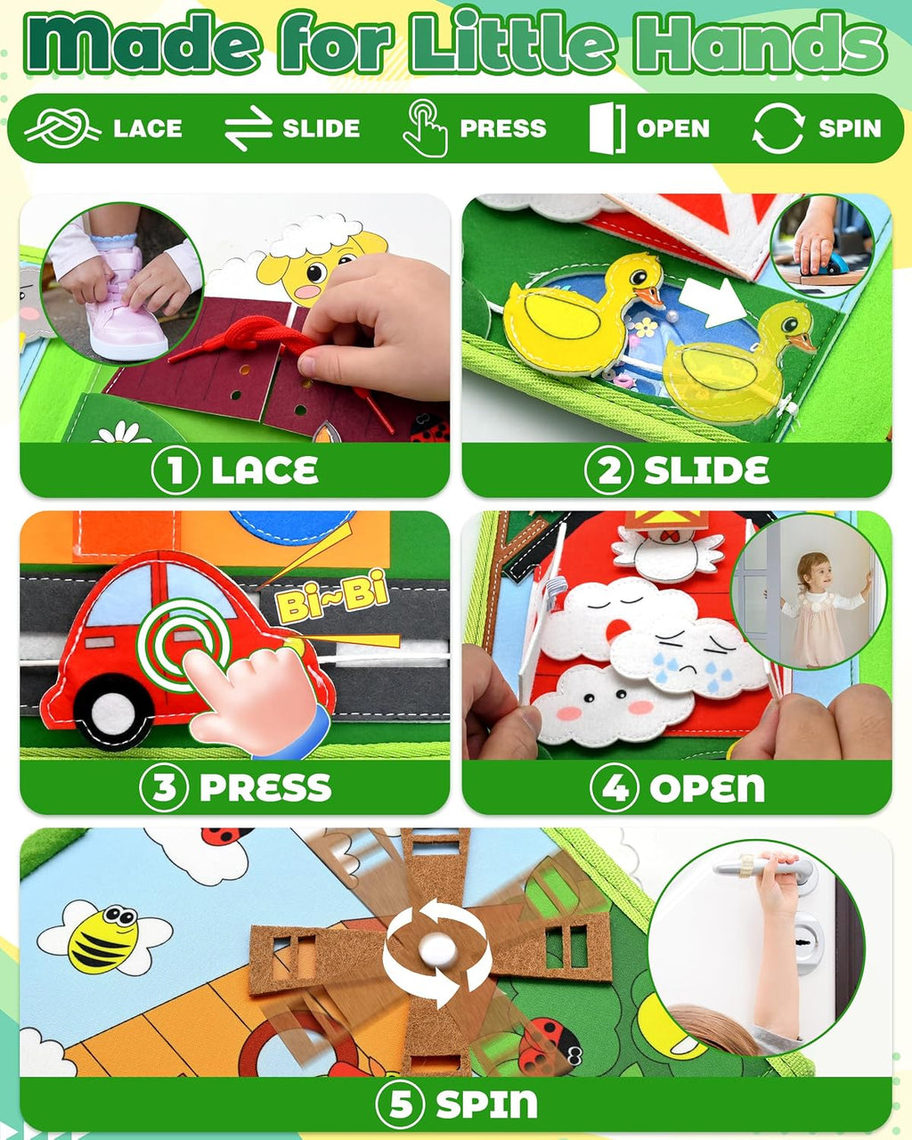 Tablero de actividades para niños pequeños, libro de actividades de