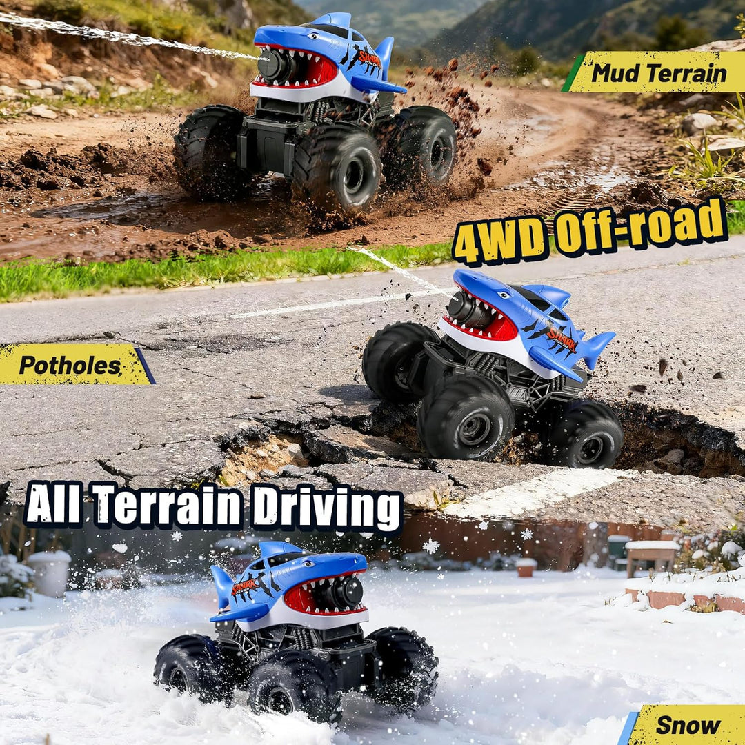 BOBXIN Camión monstruo de tiburón con control remoto anfibio, 4WD t...
